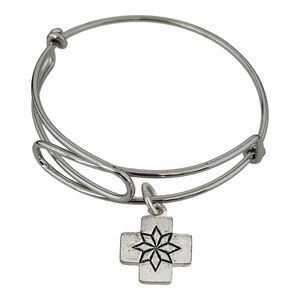 New Cross Charm Bangle Bracelet Silver Tone Floral Design 3X
